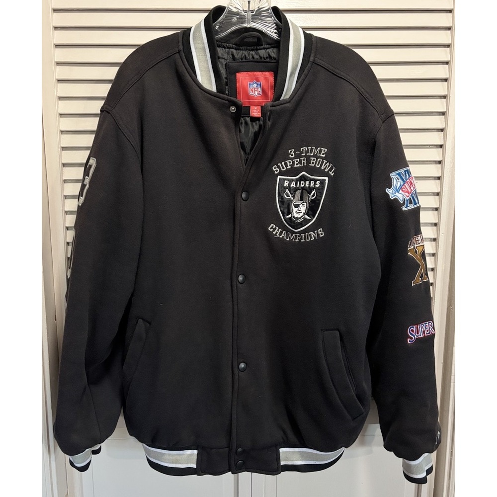 Vintage Rare Raiders NFL Super Bowl Patch XI XV XVIII Varsity Bomber Jacket Sz M